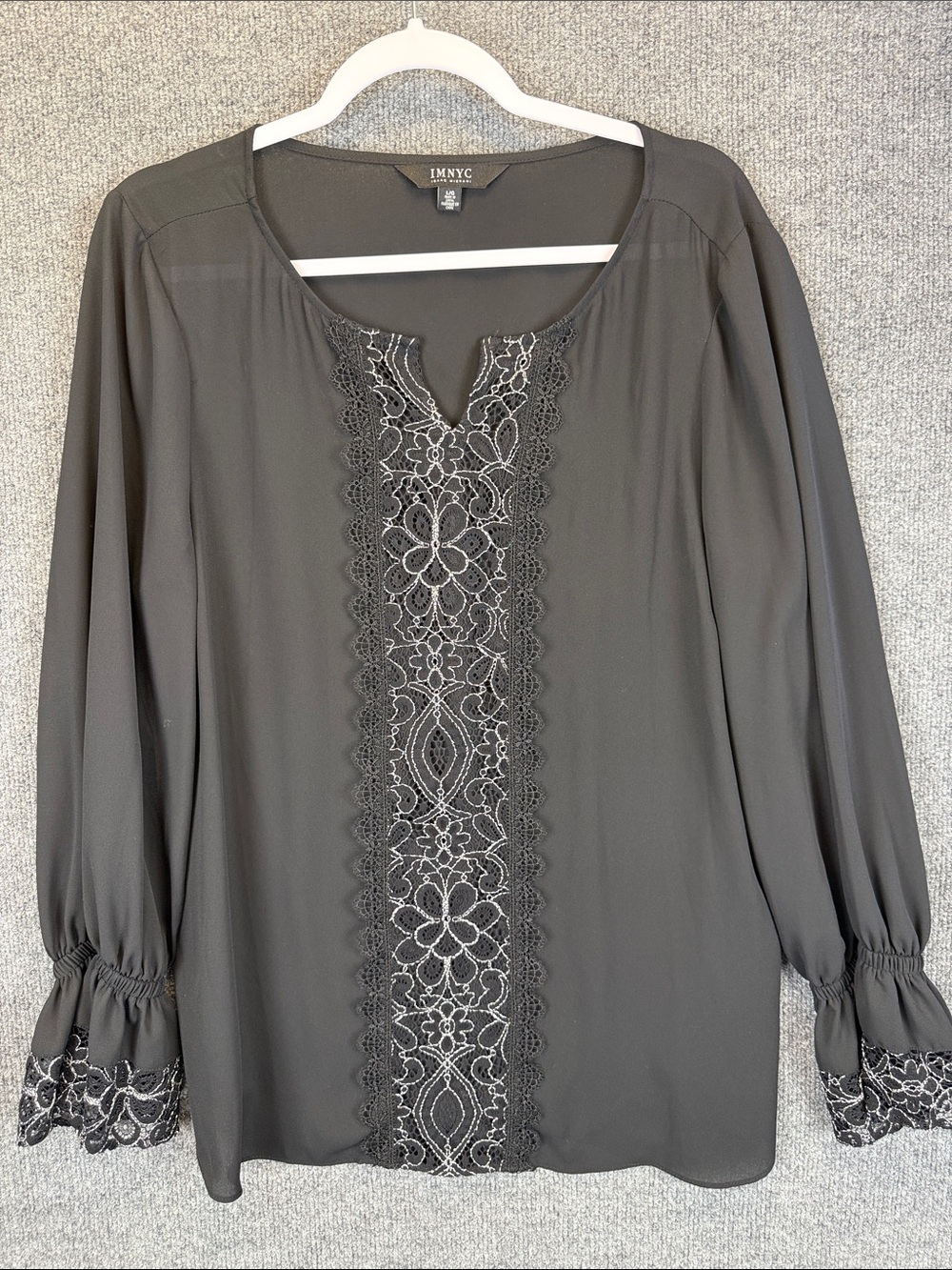 IMNYC Isaac Mizrahi Black Lace Inset Peasant Blouse Size Large